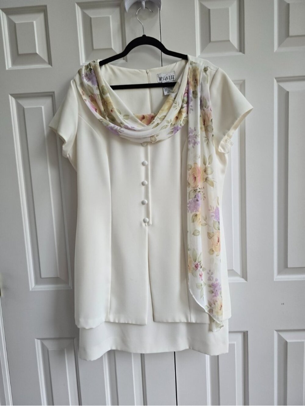 Megan Lee Cream Floral-Accent Short Sleeve Dress